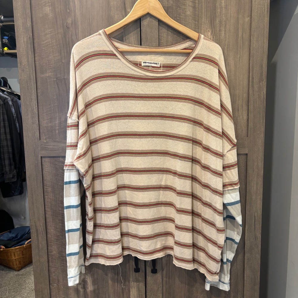 We The Free People Nina Striped Long Sleeve Top Oversized Cotton Large